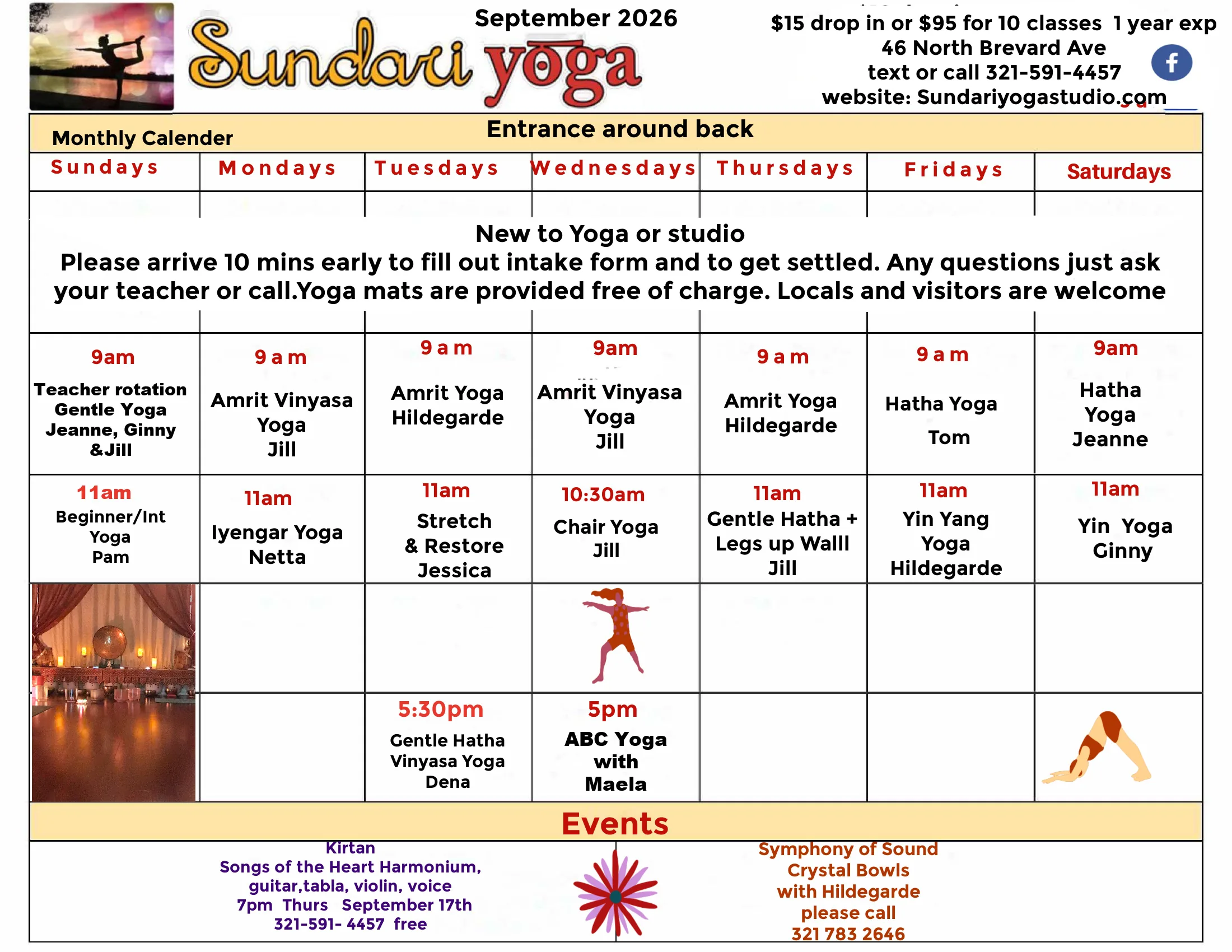 Sundari Yoga Studio September 2026 calendar