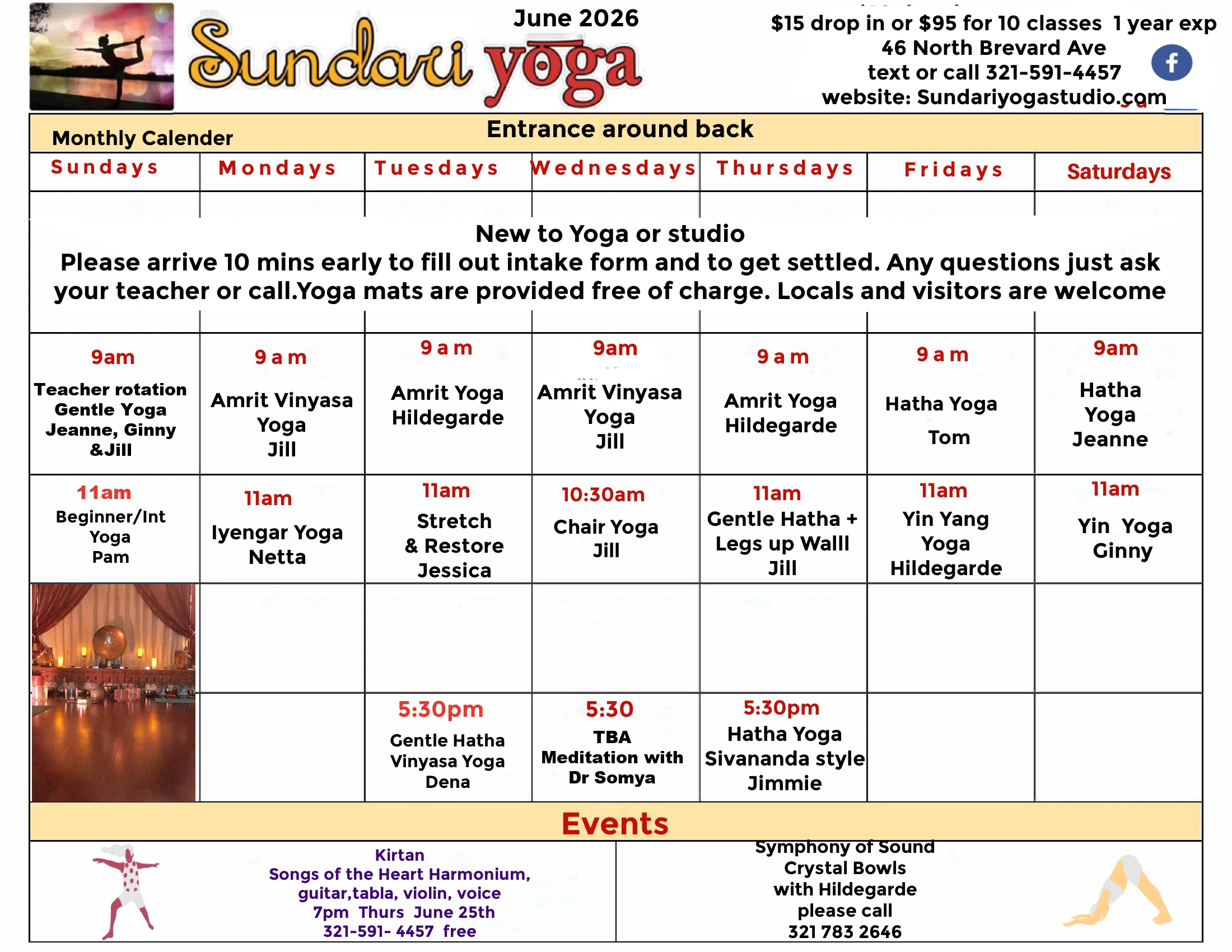 Sundari Yoga Studio monthly class calendar